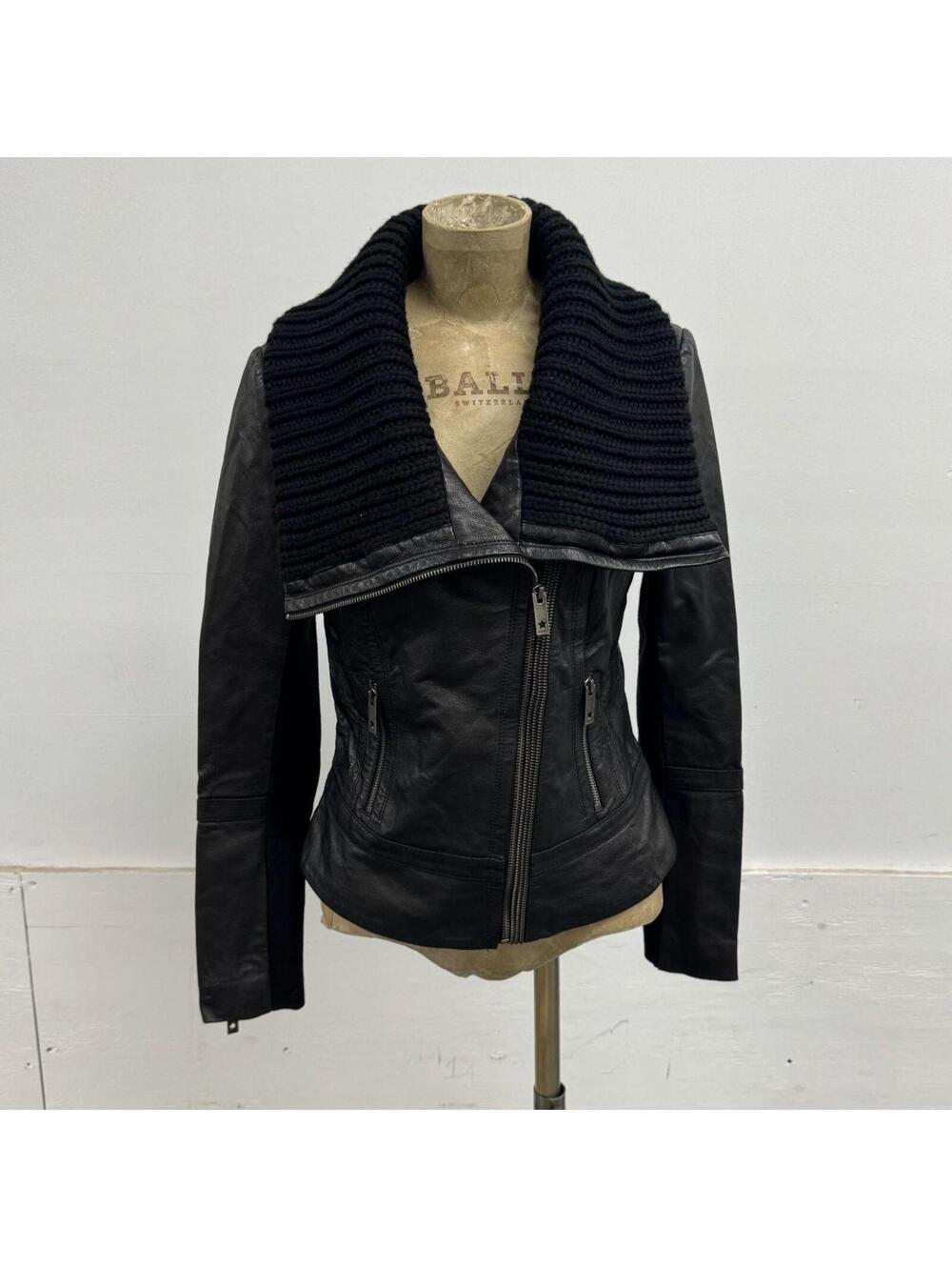 Vintage Black Funnel Neck Knit Collar Avant Garde Leather Jacket - Picture 2 of 7